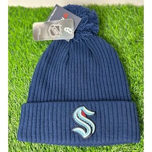 New Fanatics Seattle Kraken NHL Blue Logo Game Cuffed Pom Knit Beanie Hat